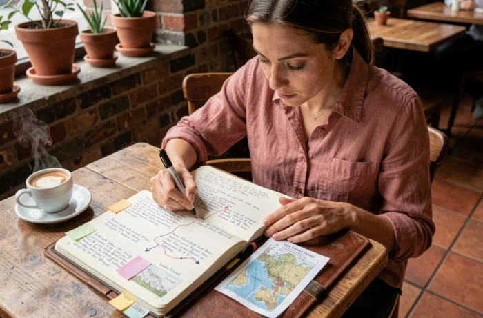 Femme planifiant un itinéraire de voyage personnalisé dans un carnet de notes dans un café urbain
