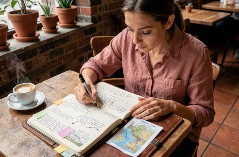 Femme planifiant un itinéraire de voyage personnalisé dans un carnet de notes dans un café urbain