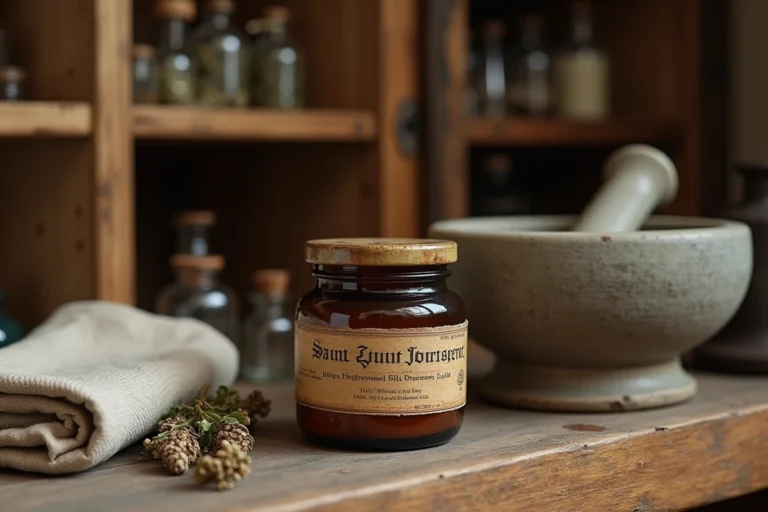Pot de pommade Saint Louis en verre ambré posé sur un comptoir de pharmacie rustique entouré d'herbes médicinales séchées et d'un mortier en céramique