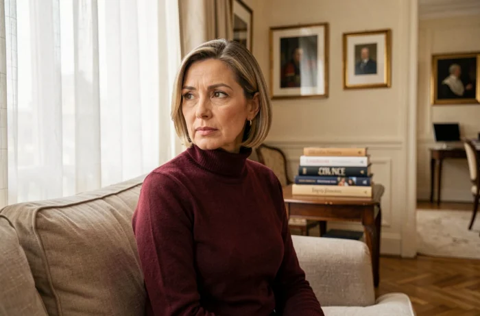 Mulher midiática sentada em um apartamento parisiense refinado, retrato íntimo vida privada estilo editorial
