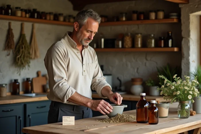 Homme préparant une tisane médicinale avec des plantes séchées dans une cuisine rustique aux airs d'apothicaire naturel