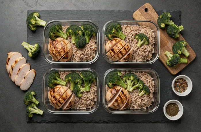 Preparação de refeição de musculação em vista aérea com frango grelhado, brócolis e arroz em recipientes de vidro alinhados