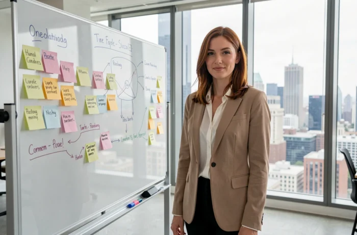 Femme présentant une feuille de route stratégique pour les évolutions majeures d'un logiciel dans un espace de coworking moderne