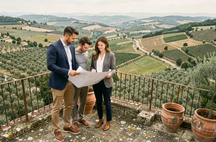 Deux professionnels de l'immobilier examinant des plans sur une terrasse panoramique avec vue sur les coteaux agricoles