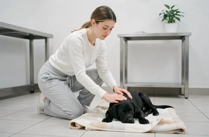 Propriétaire réconfortant son chien en convalescence après une opération de stérilisation chez le vétérinaire