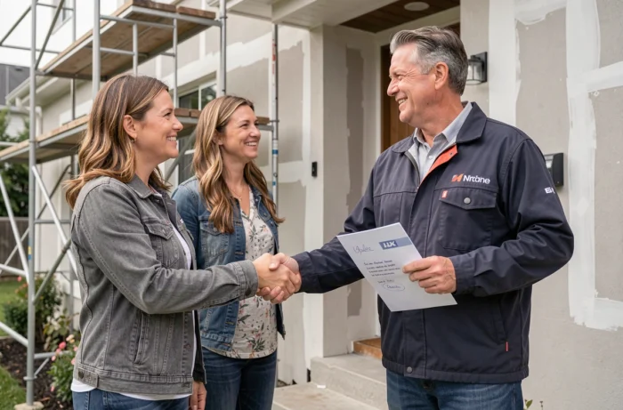 Un couple de propriétaires serrant la main d'un entrepreneur en rénovation devant leur maison avec un échafaudage visible en arrière-plan