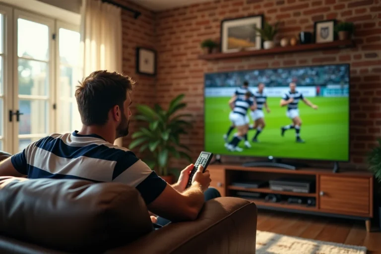 Homme regardant un match de rugby en direct sur grand écran dans son salon