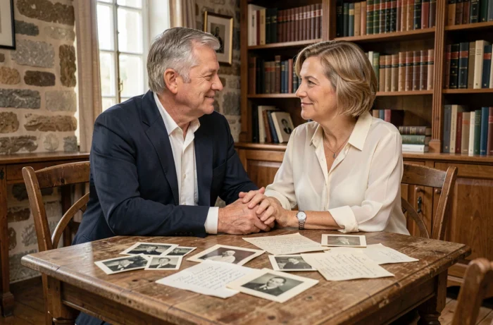 Portrait d'un couple élégant d'âge mûr feuilletant des photos de famille dans un intérieur français raffiné