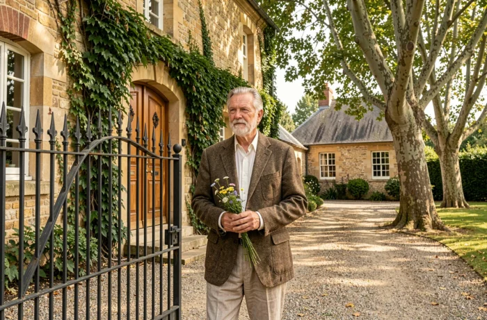 Homme distingué devant la façade en pierre d'une maison de campagne française tenant un bouquet de fleurs sauvages