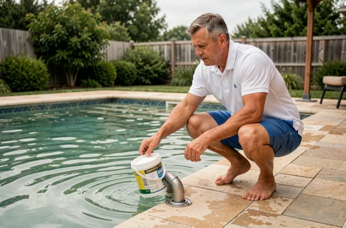 Homme versant du chlore choc près du skimmer d'une piscine résidentielle, illustrant les risques d'une mauvaise utilisation des produits chimiques