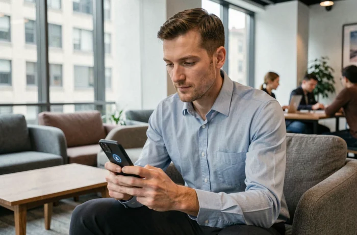 Salarié accédant à son coffre-fort numérique Arkevia via smartphone dans un espace de travail partagé
