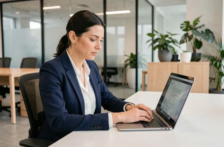 Salariée consultant son coffre-fort numérique Arkevia sur un ordinateur portable dans un bureau moderne