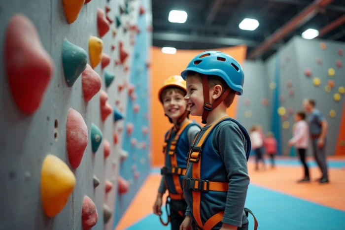 Enfants équipés de harnais colorés dans une salle d'escalade indoor à Lille, ambiance familiale et mur de bloc multicolore
