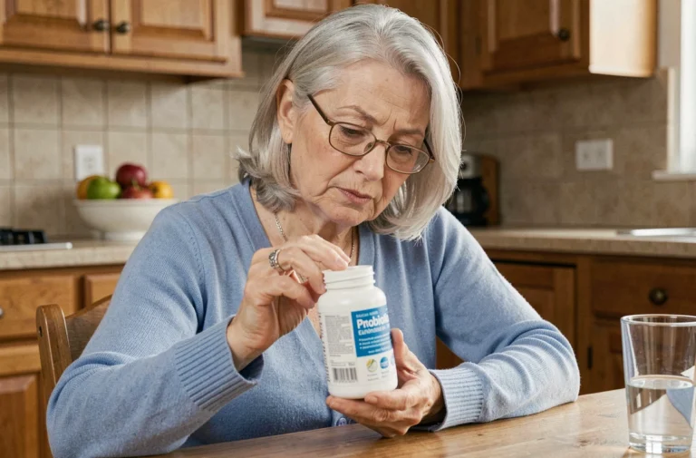 Senior femme lisant l'étiquette d'un complément alimentaire probiotique à la cuisine, concept Bion 3 et hypertension
