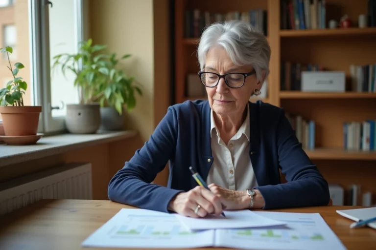 Femme senior lisant des documents administratifs dans sa cuisine, illustrant les démarches essentielles pour les retraités en France