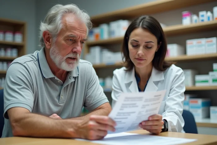 Homme senior en consultation avec une pharmacienne pour des informations de santé, représentant les services médicaux accessibles aux personnes âgées en France