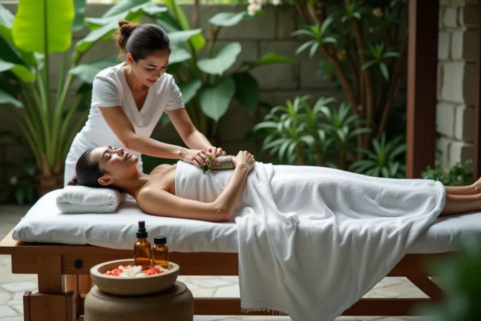 Femme recevant un soin aux compresses d'herbes médicinales en plein air lors d'une retraite de bien-être naturel