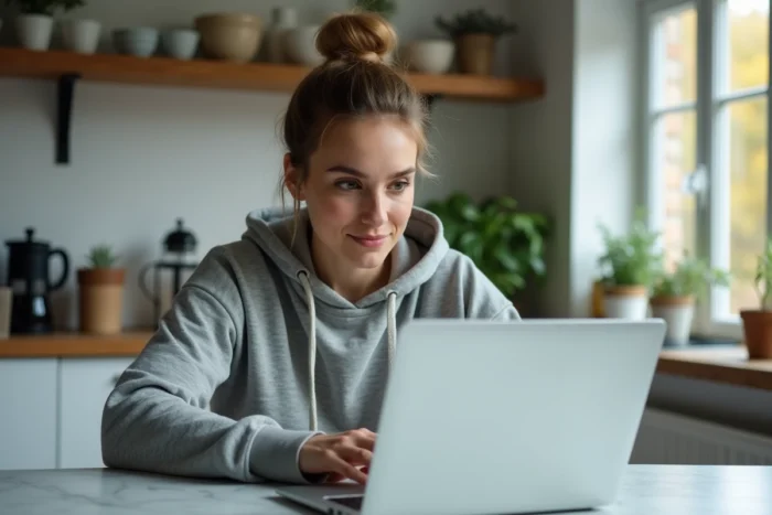 Femme regardant le rugby en streaming sur son ordinateur portable dans une cuisine moderne