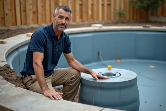 Technicien installant un système de filtration de piscine Desjoyaux dans un jardin en chantier