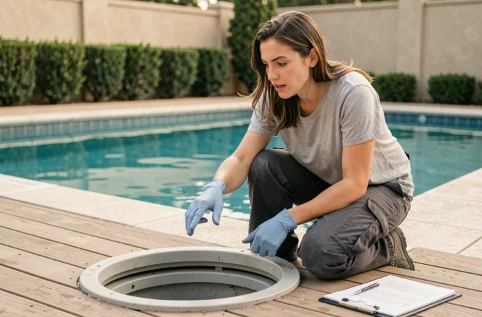 Technicienne en entretien de piscine expliquant les dangers de l'utilisation du chlore choc directement dans le skimmer, avec gants de protection et skimmer ouvert en premier plan