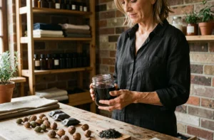 Femme utilisant une teinture noire naturelle écologique à base de noix et de tanin dans un atelier artisanal fait maison