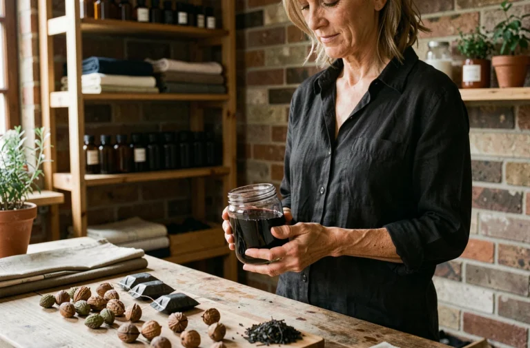 Femme utilisant une teinture noire naturelle écologique à base de noix et de tanin dans un atelier artisanal fait maison