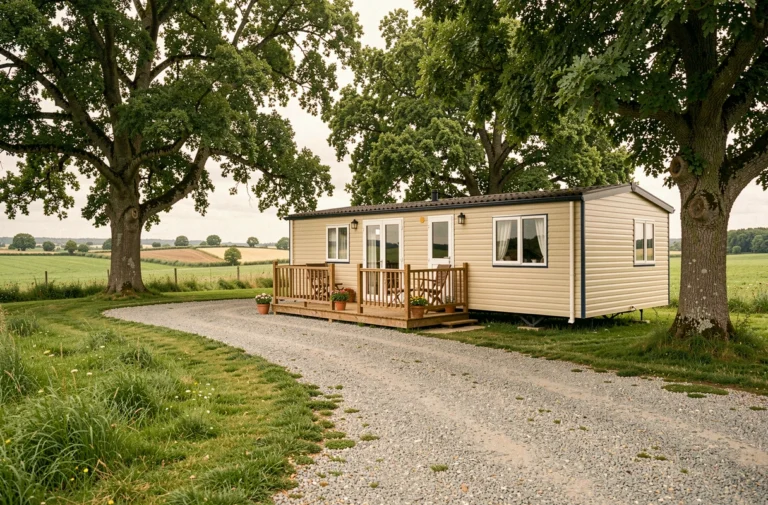 Terrain privé avec mobil home installé en Vendée entouré de verdure et d'arbres