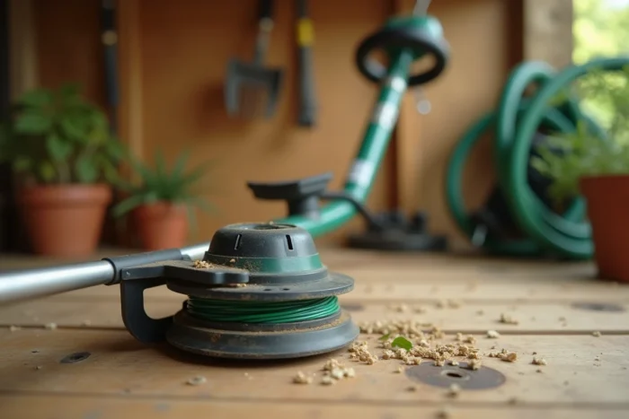 Gros plan sur la tête de coupe d'un rotofil avec la bobine et le fil nylon sur un établi en bois dans un abri de jardin