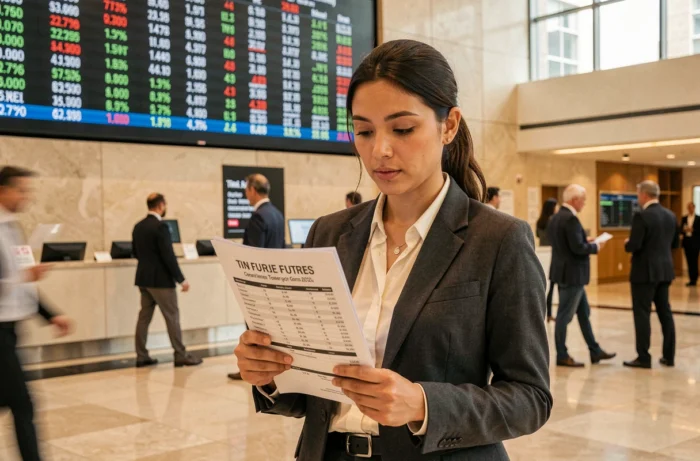 Trader spécialisée dans les matières premières tenant un rapport sur les futures de l'étain dans une salle des marchés