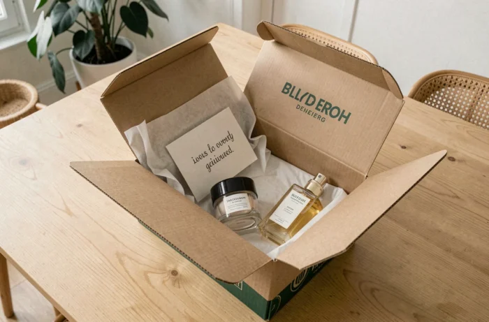 Unboxing d'une commande Space NK livrée en France avec produits de beauté premium et emballage élégant sur une table en chêne