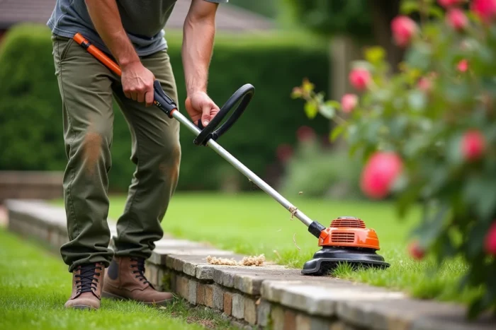 Homme utilisant un rotofil pour border les bords d'une pelouse le long d'un mur en pierre dans un jardin résidentiel