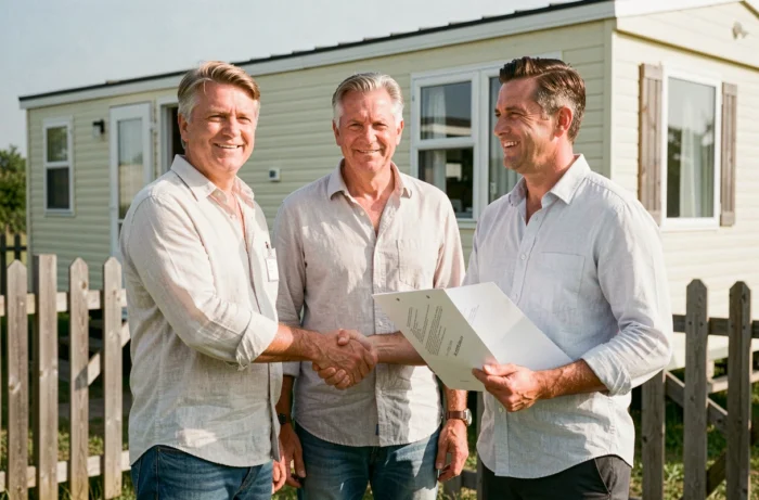 Couple signant un accord de vente de terrain pour mobil home en Vendée avec un agent immobilier