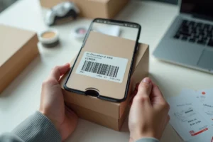 Mains tenant une boîte Nike avec code UPC scanné via une application mobile pour vérifier l'authenticité