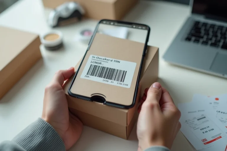 Mains tenant une boîte Nike avec code UPC scanné via une application mobile pour vérifier l'authenticité