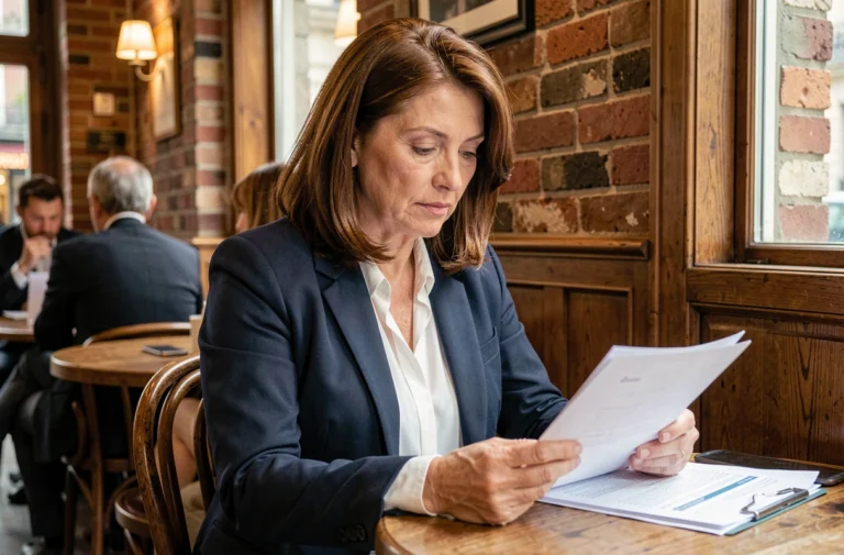 Femme journaliste professionnelle dans un café parisien consultant des documents, portrait éditorial réaliste