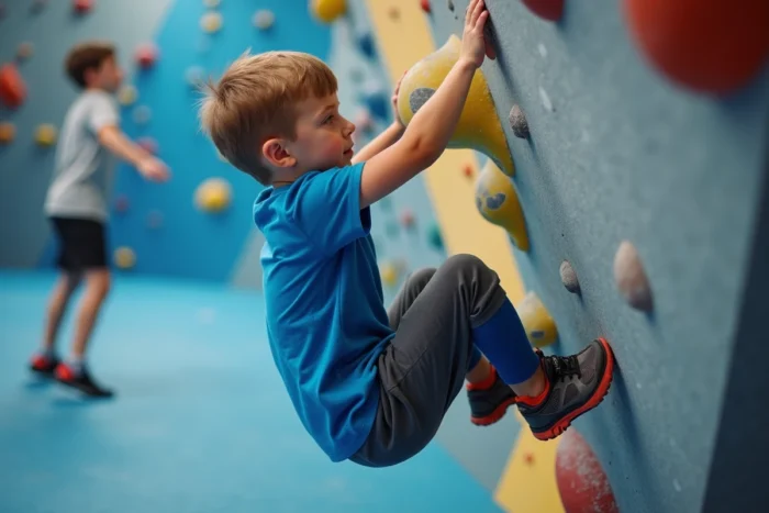 Jeune garçon en train de résoudre un problème de bloc sur un mur déversant à Vertical'Art Lille, école d'escalade bloc