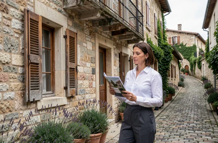 Femme inspectant la façade en pierre d'une maison de maître sur les coteaux lors d'une visite immobilière