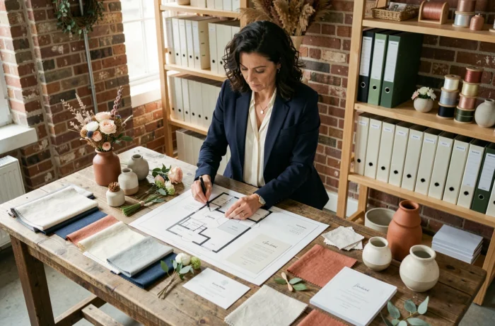 Wedding planner professionnelle organisant les détails d'un mariage personnalisé avec des échantillons de tissus et un plan de salle