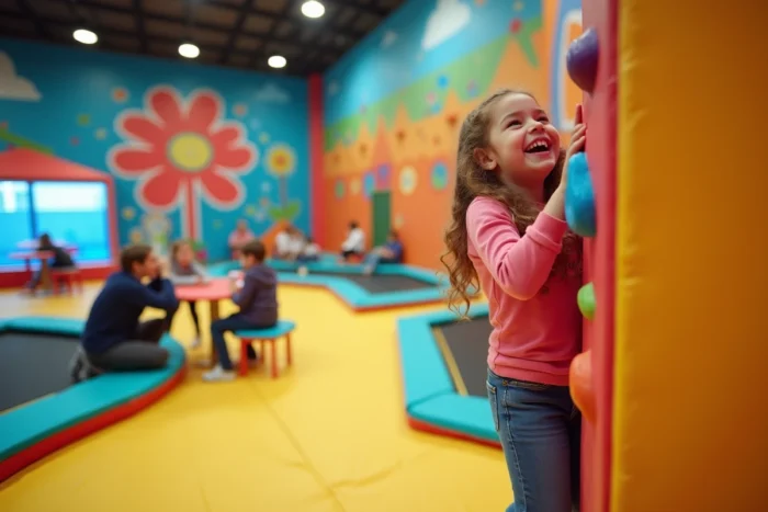 Petite fille de 7 ans sur le mur d'escalade du parc indoor You Kids à Lille-Marquette, entourée des autres zones de jeux